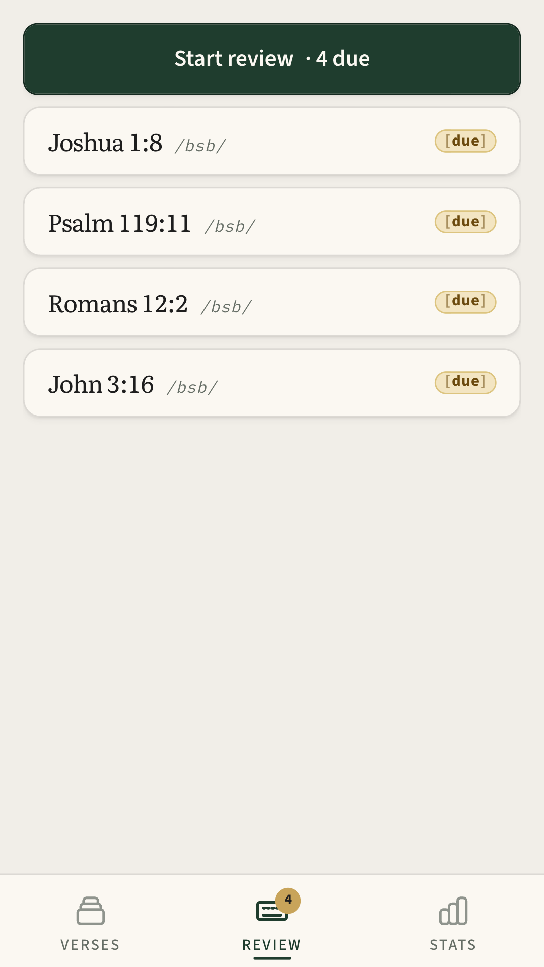 Review queue showing verses due for practice